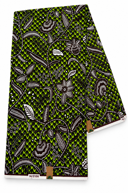 Lime Green & Black Floral African Print Fabric – 6 Yards, 100% Cotton Ankara.
