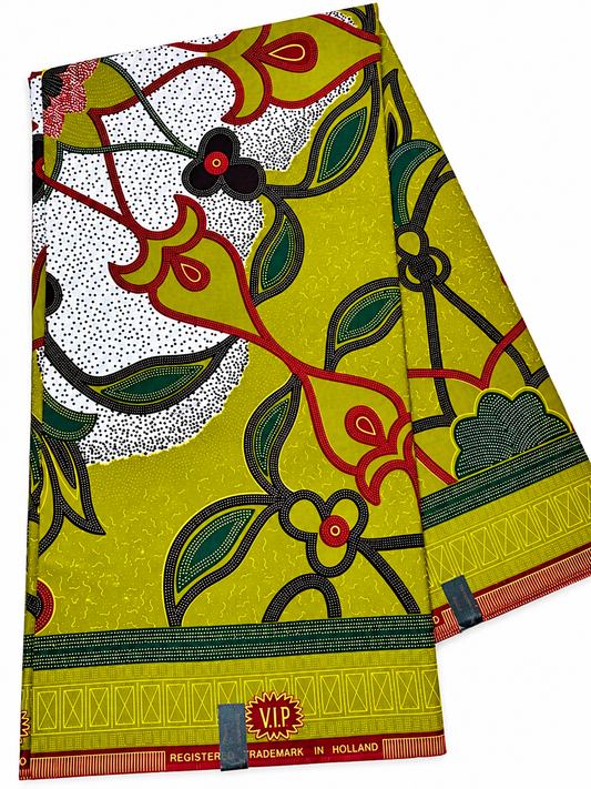 Premium African Print Fabric – Lime Green Floral Design | 6 Yards