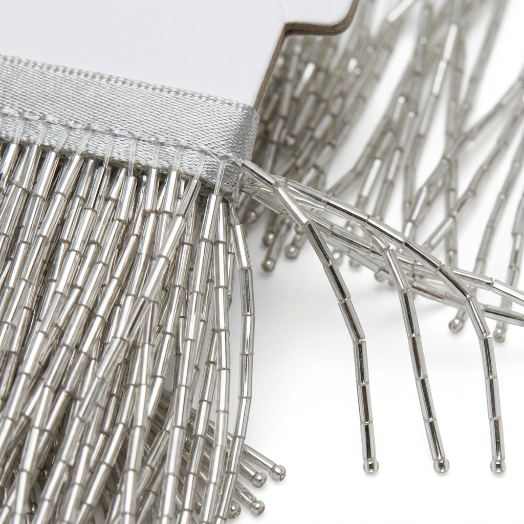 12-Inch Silver Bugle Beaded Fringe Trim – Sold by the Yard