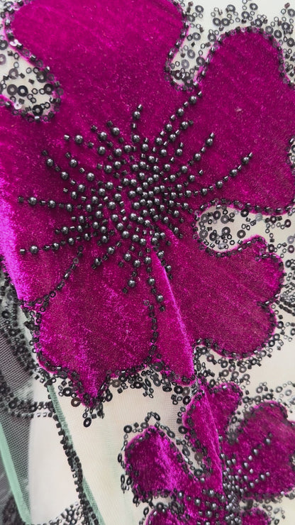 Velvet beaded Lace Fabric ￼