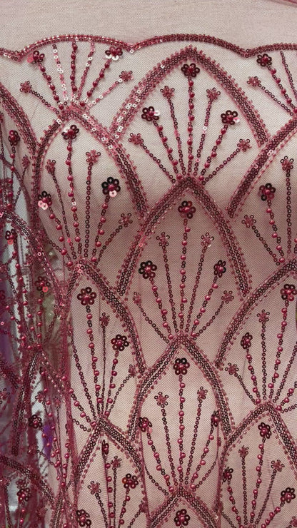 Luxury Burgundy Beaded Lace Fabric Premium Sequins Hand-Beaded Mesh