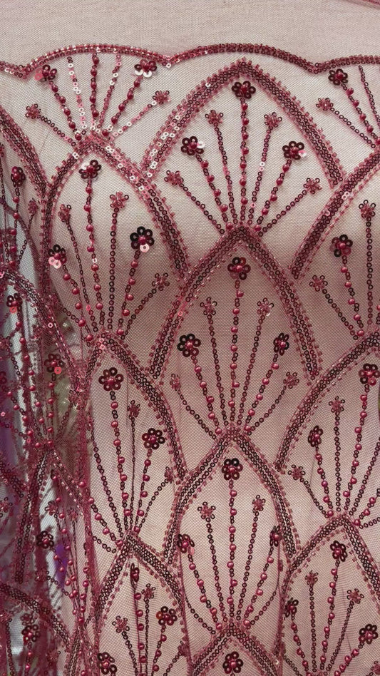 Luxury Burgundy Beaded Lace Fabric Premium Sequins Hand-Beaded Mesh