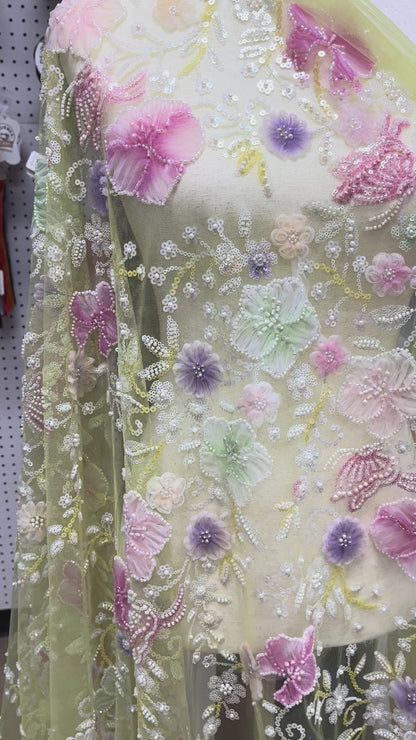 Pastel Garden Beaded Lace Fabric