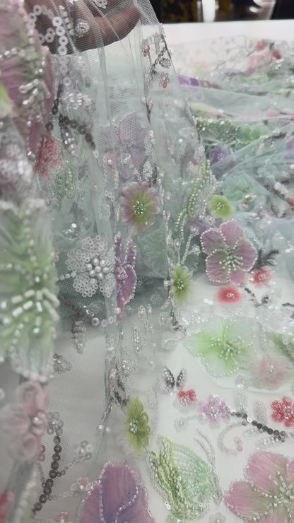 Misty Garden 3D Beaded Lace Fabric