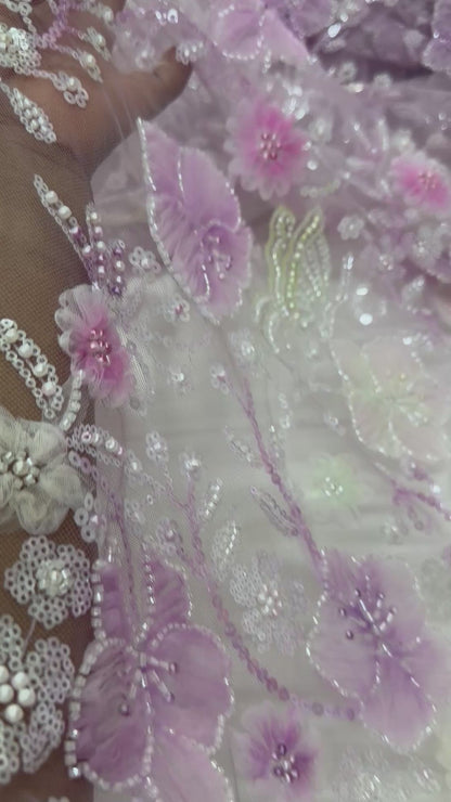 Lavender Blossom 3D Beaded Lace Fabric