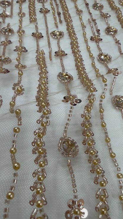 Champagne Gold Beaded Lace Fabric