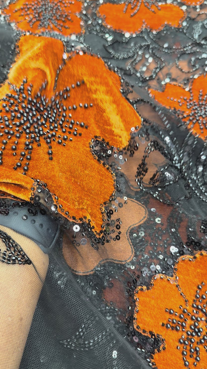 Velvet beaded lace fabric