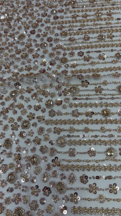 Champagne Gold Beaded Lace Fabric
