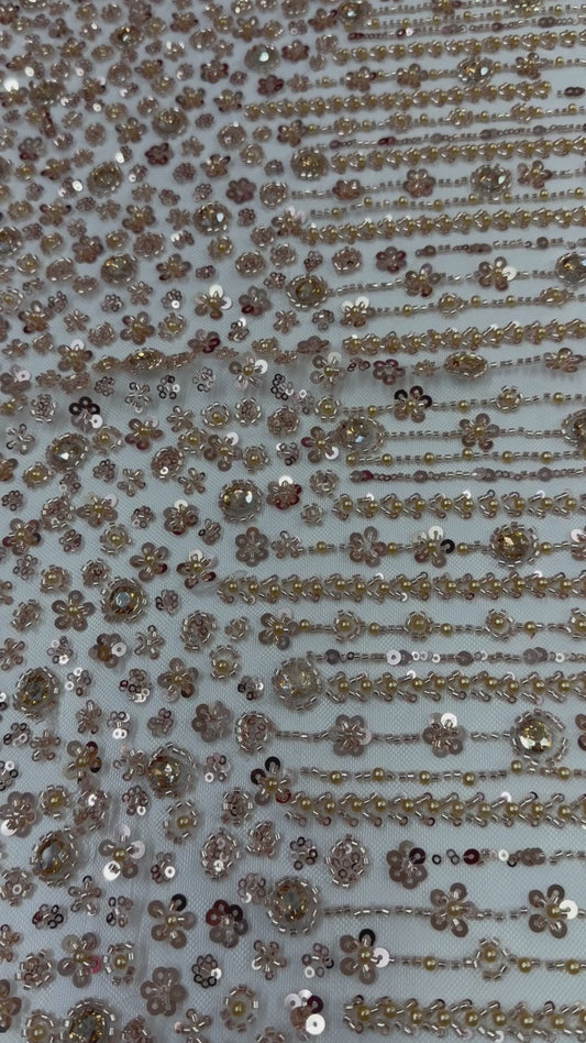 Champagne Gold Beaded Lace Fabric