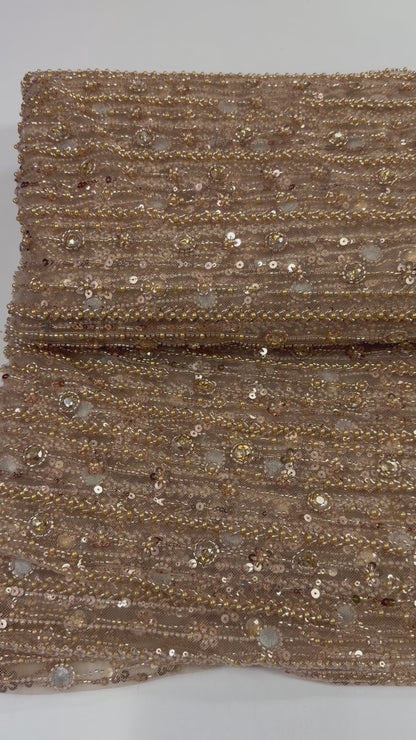 Champagne Gold Beaded Lace Fabric