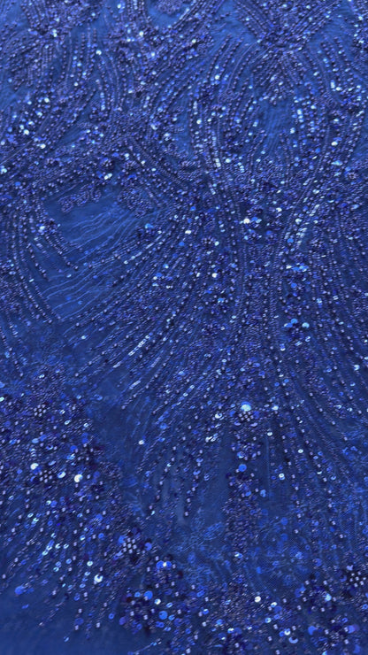 Royal Blue Pearl & Sequin Beaded Lace Fabric — Sold by the Yard