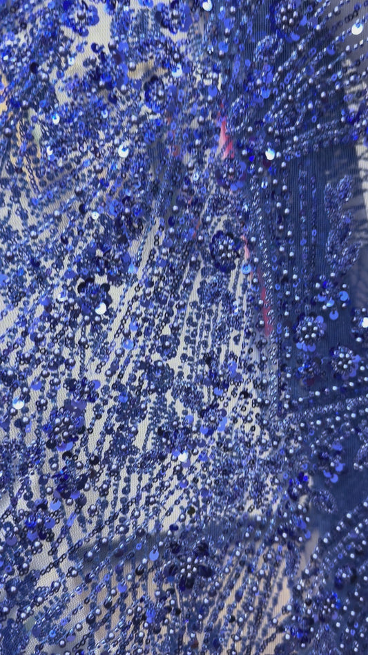 Royal Blue Pearl & Sequin Beaded Lace Fabric — Sold by the Yard