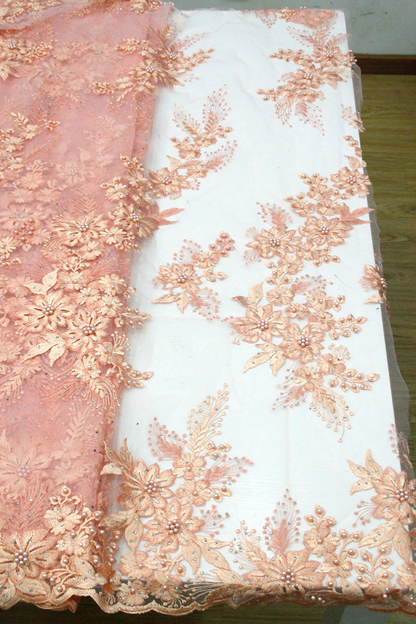 Peach 3d floral tulle lace fabric 3d flower beaded lace