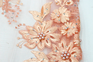 Peach 3d floral tulle lace fabric 3d flower beaded lace